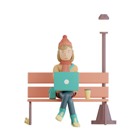 Girl is working using a laptop in the park  3D Illustration