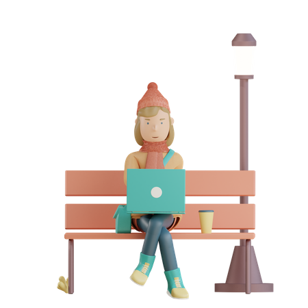 Girl is working using a laptop in the park 3D Illustration