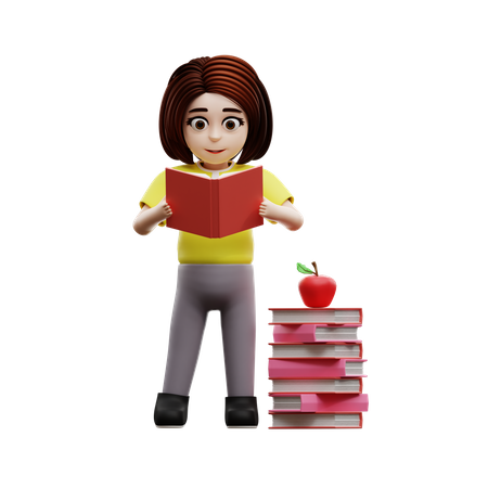 Girl kid holding book and reading book  3D Illustration