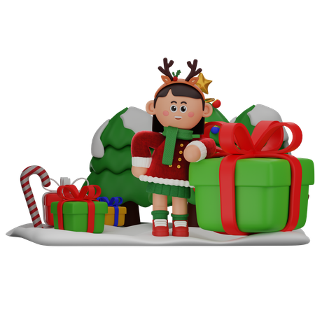 Girl Leaning On Gift  3D Illustration