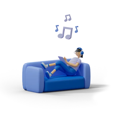 Girl Listening Music On Sofa  3D Illustration