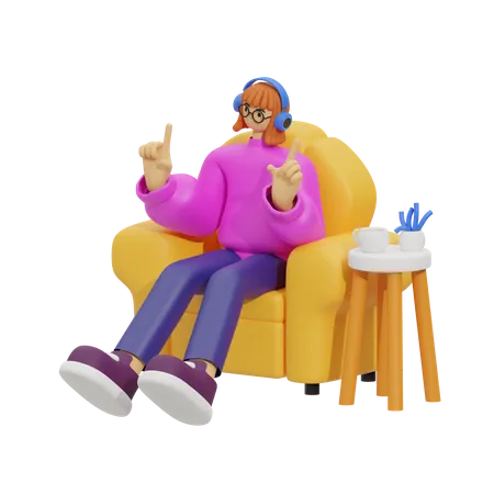 Girl listening song on sofa  3D Illustration