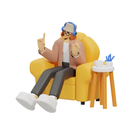 Girl listening song on sofa  3D Illustration