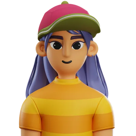 Girl Long Hair with Hat  3D Icon