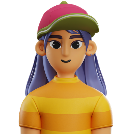 Girl Long Hair with Hat  3D Icon