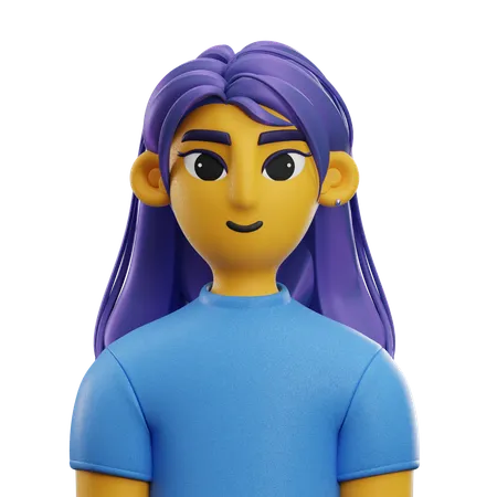 Girl Long Hair with T-shirt  3D Icon