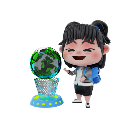 Girl looking at globe  3D Icon