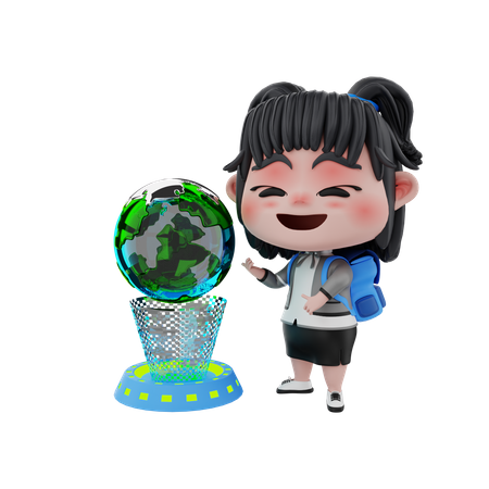 Girl looking at globe  3D Illustration