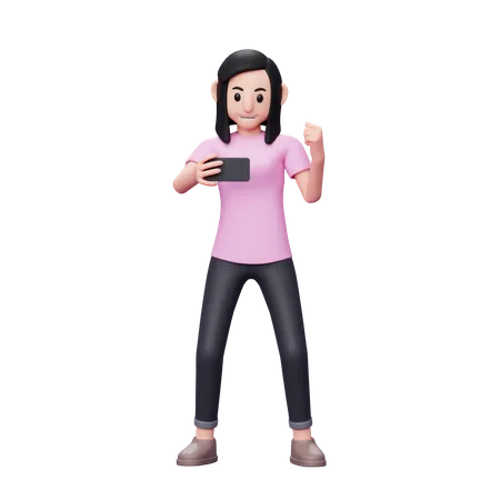 Girl looking at the phone screen 3D Illustration