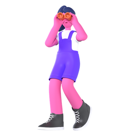 Girl Looking With Binoculars  3D Illustration