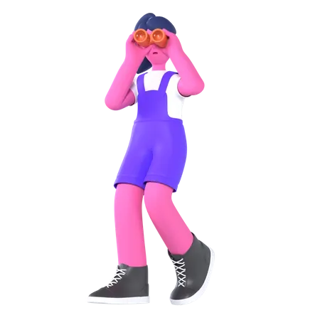 Girl Looking With Binoculars  3D Illustration