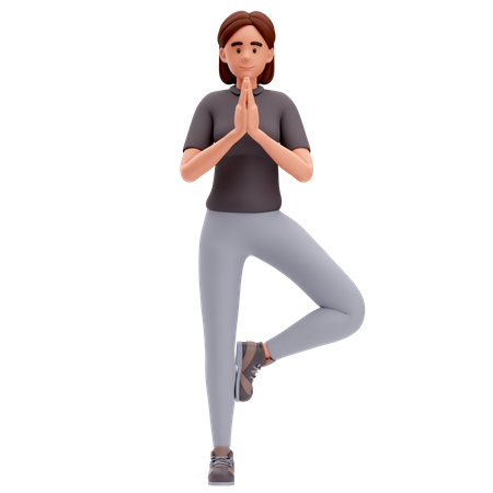 Girl Make Folded or Namaste Hand gesture and raised right leg  3D Illustration