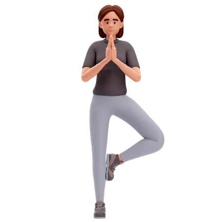 Girl Make Folded or Namaste Hand gesture and raised right leg  3D Illustration