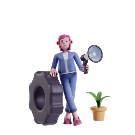 Pink Haired Young Girl Leaning On Gear While Holding Megaphone Making Marketing Strategy 3 D Illustration Of Marketing Strategy 3D Illustration