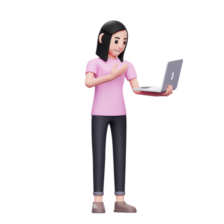 Girl making video call with laptop 3D Illustration