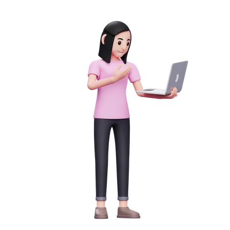 Girl making video call with laptop 3D Illustration