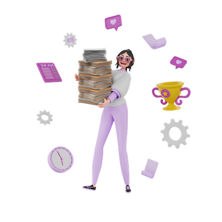 Girl managing office work  3D Illustration