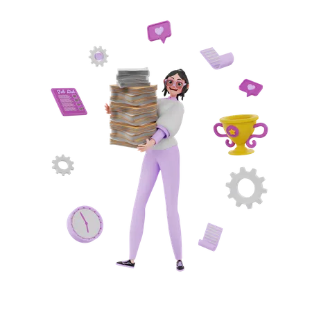 Girl managing office work  3D Illustration