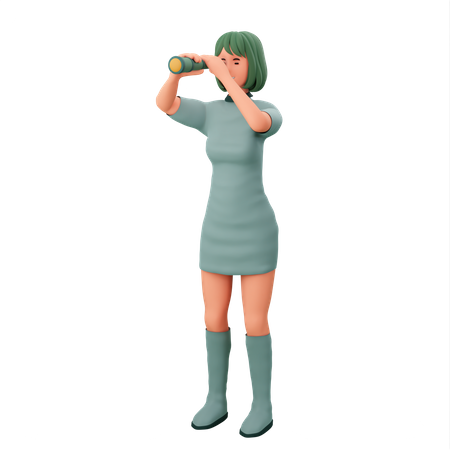 Girl Monitoring With Binoculars  3D Illustration