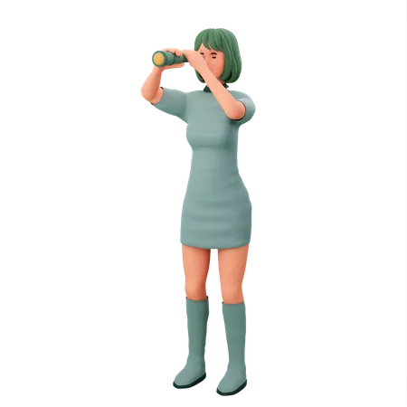 Girl Monitoring With Binoculars  3D Illustration