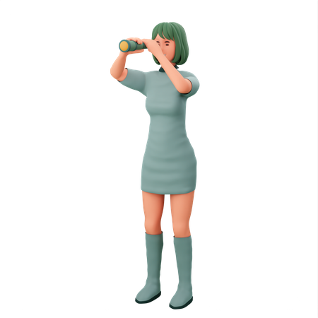 Girl Monitoring With Binoculars 3D Illustration