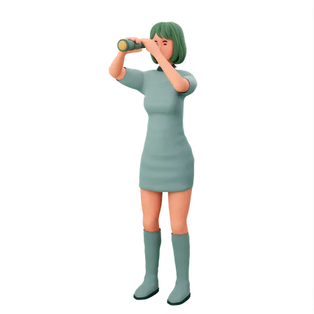 Girl Monitoring With Binoculars 3D Illustration