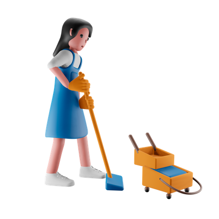 Girl mopping the floor  3D Illustration