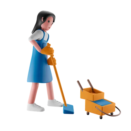 Girl mopping the floor  3D Illustration