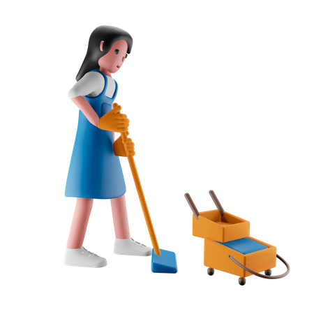 Girl mopping the floor 3D Illustration
