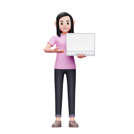 Girl offering product by showing laptop screen  3D Icon