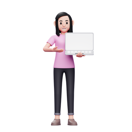 Girl offering product by showing laptop screen  3D Illustration