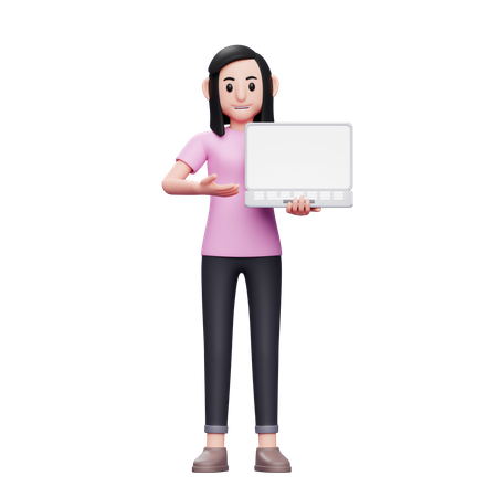 Girl offering product by showing laptop screen 3D Illustration