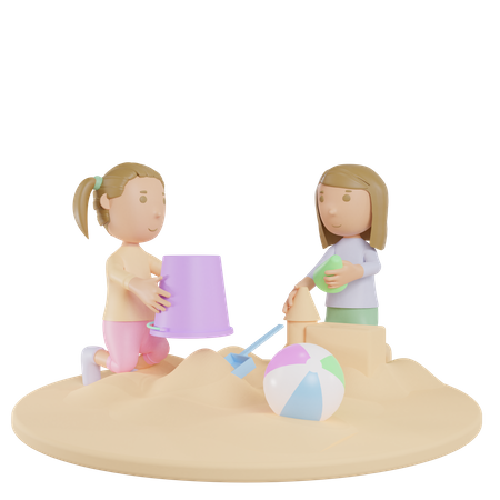 Girl On Beach Playing With Sand  3D Icon