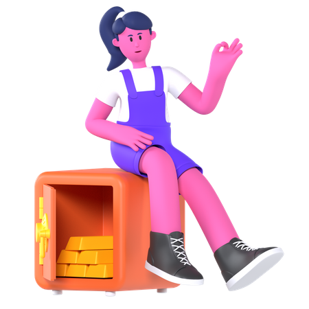 Girl On Safe Box  3D Icon