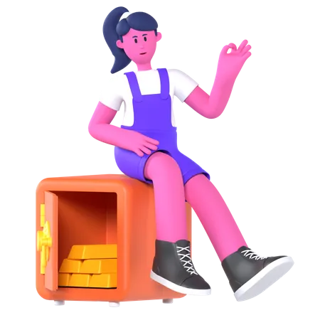 Girl On Safe Box  3D Illustration