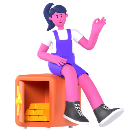 Girl On Safe Box  3D Illustration