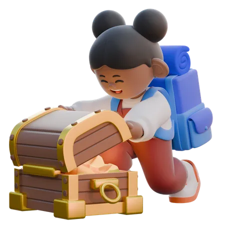 Girl Opens a Treasure Chest  3D Illustration