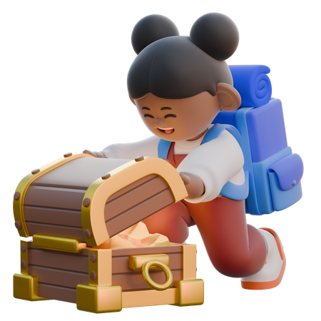 Girl Opens a Treasure Chest  3D Illustration