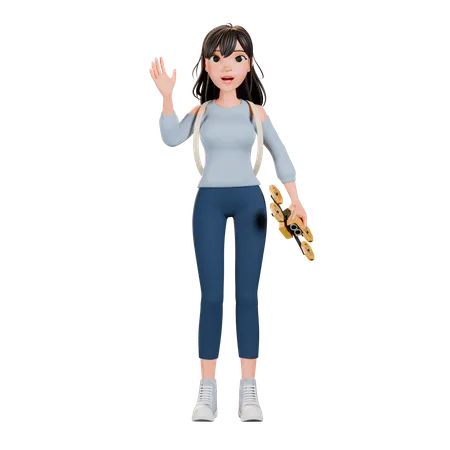 Girl Operating Drone While Waving Hand  3D Illustration