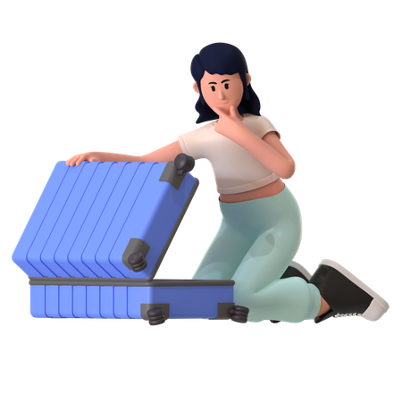 Girl Packing Suitcase For Trip  3D Illustration