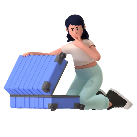 Girl Packing Suitcase For Trip  3D Illustration