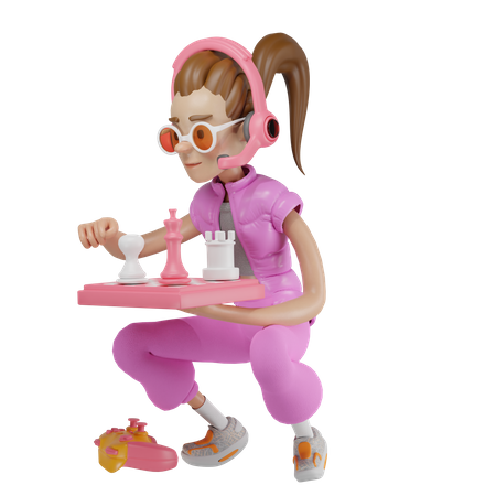 Girl playing chess  3D Icon