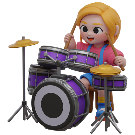 Girl Playing Drum Set  3D Illustration