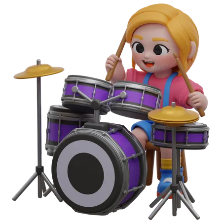 Girl Playing Drum Set  3D Illustration