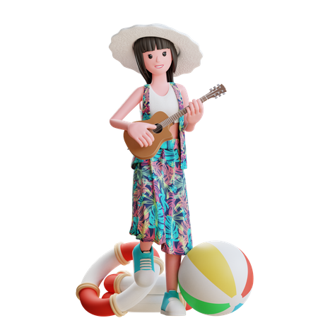 Girl Playing Guitar On Beach 3D Illustration