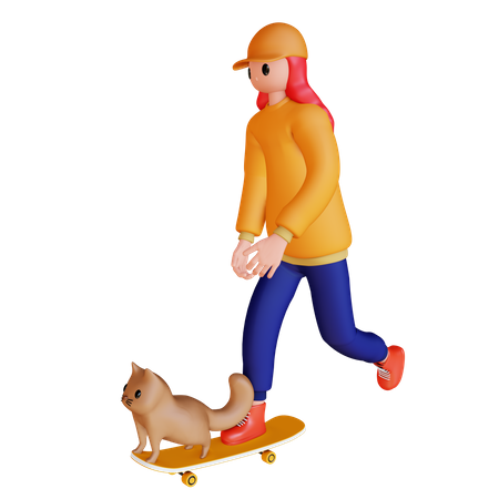 Girl Playing Skateboard with dog  3D Illustration