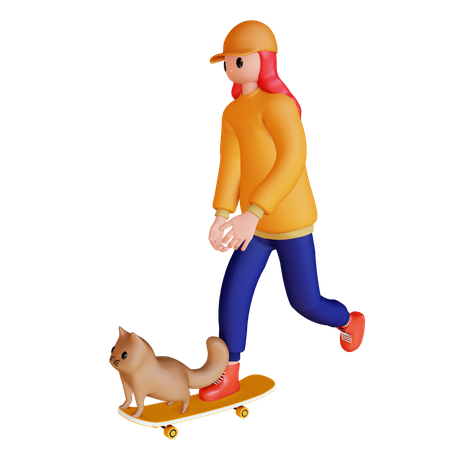 Girl Playing Skateboard with dog 3D Illustration