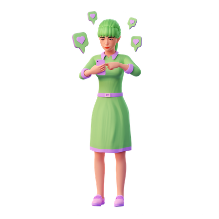 Girl playing social media and like post,  3D Icon