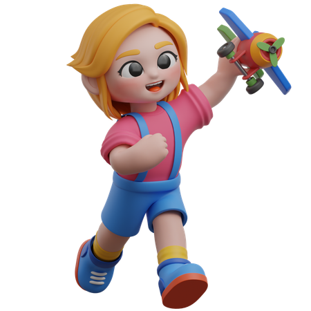 Girl Playing Toy Airplane  3D Illustration