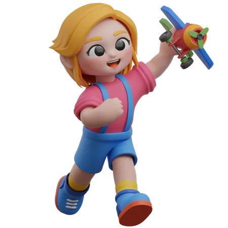 Girl Playing Toy Airplane  3D Illustration